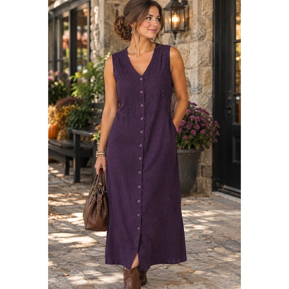 Vintage 90s M.H.M. Melissa Harper Purple Floral Embroidered Button-Front Midi 16